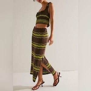 Free People Beach Natural Donni Set Boho Crochet Cropped Top High Rise Skirt M